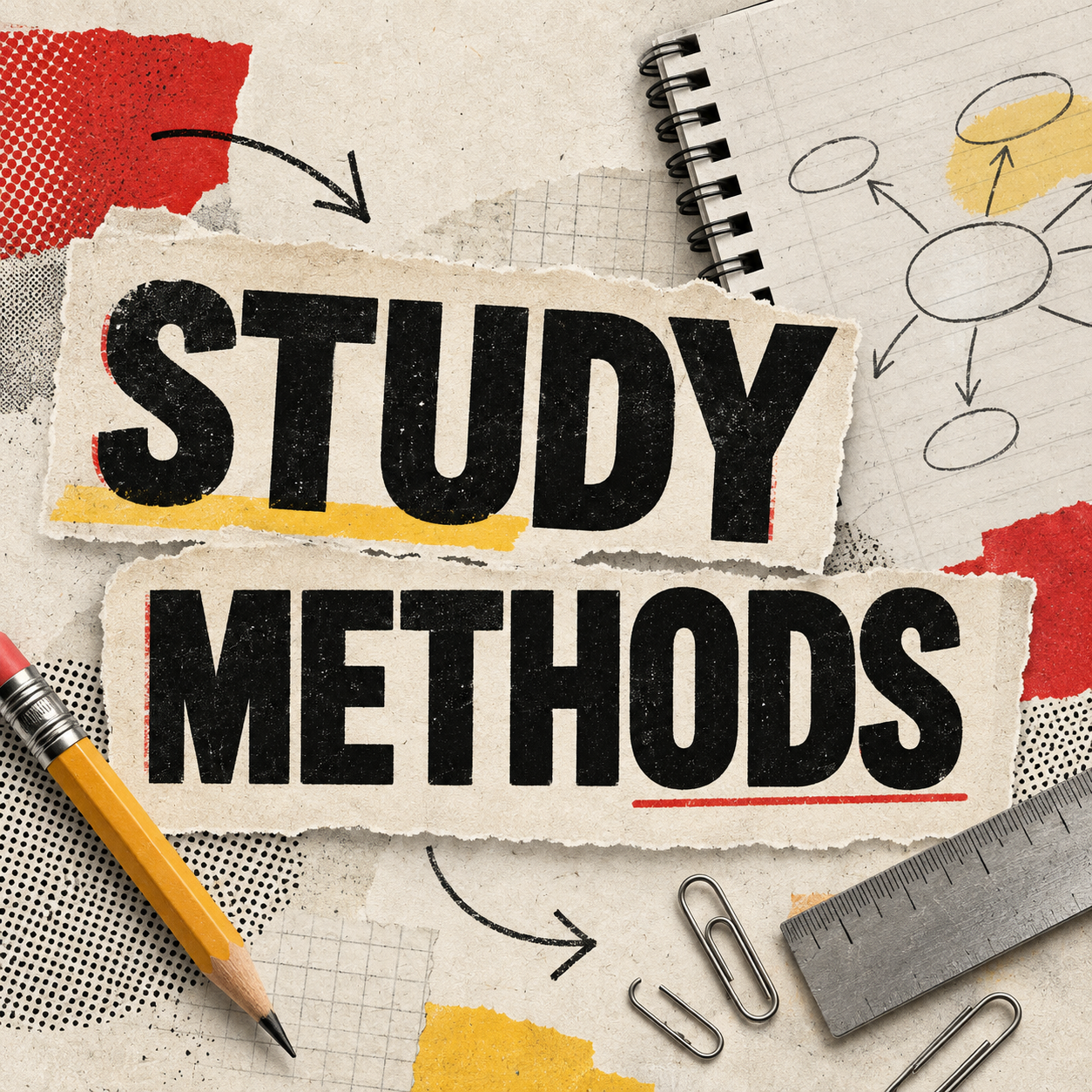 Study methods collage with a notebook, pencil, and planning diagrams.